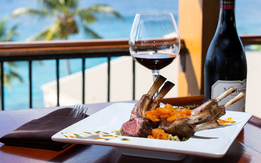 A view of the ocean in st john USVI past a glass of red wine and a plate of expertly crafted lamb with seasonal vegetables.