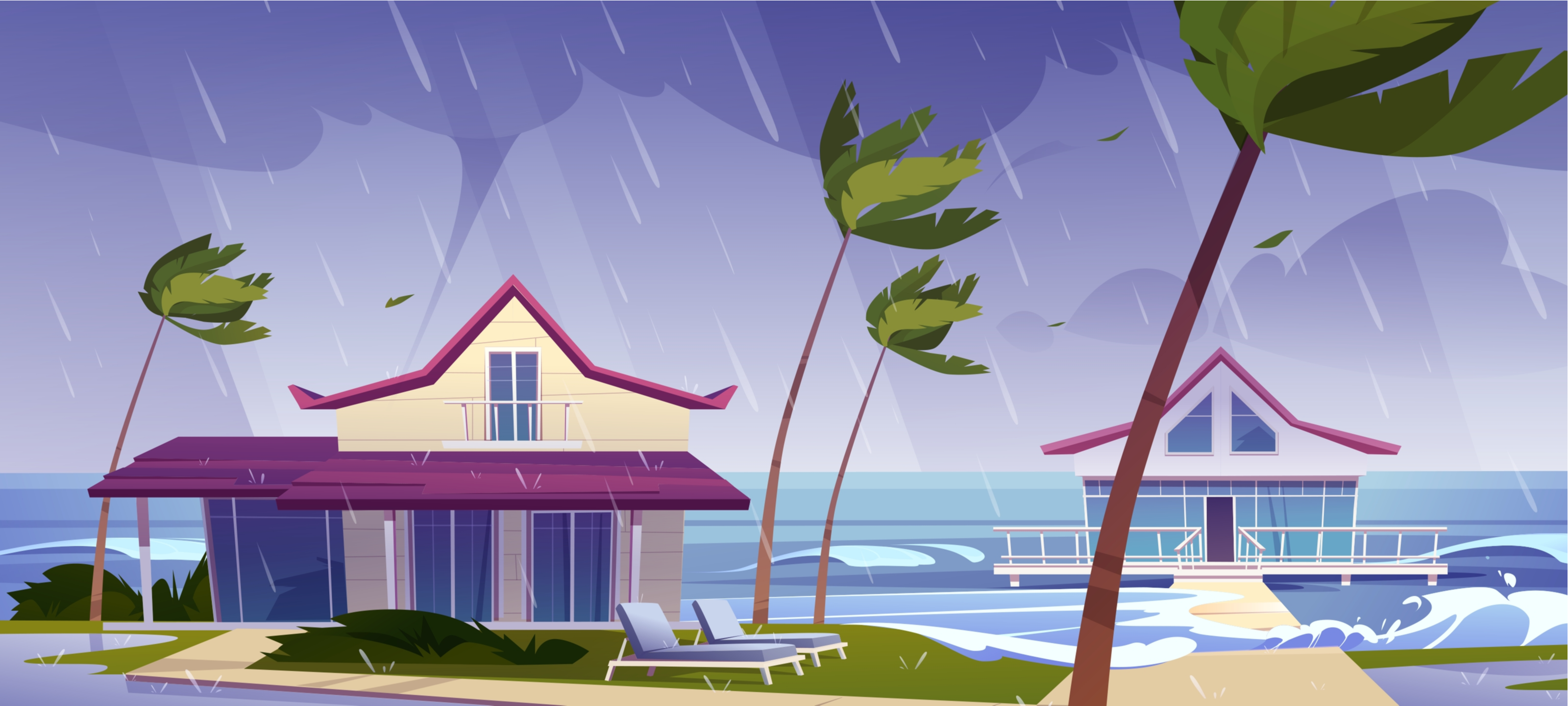 colorful art of 2 ocean villas with 4 palm trees between them. The ocean is stormy, the palm trees bending as a hurricane is approaching tropical paradise
