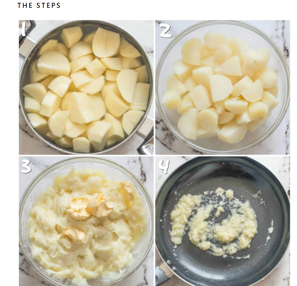 Picture 1 chopped potatoes in pot being boiled.
Picture 2 boiled potatoes in a bowl.
Picture 3 Mashed potatoes in a transparent bowl.
Picture 4 Sautéed chopped onions and minced garlic with butter in pan 