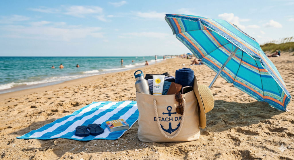 A tote bag full of beach supplies sitting next to a towel and beach umbrella ready for an amazing day on St. John USVI.